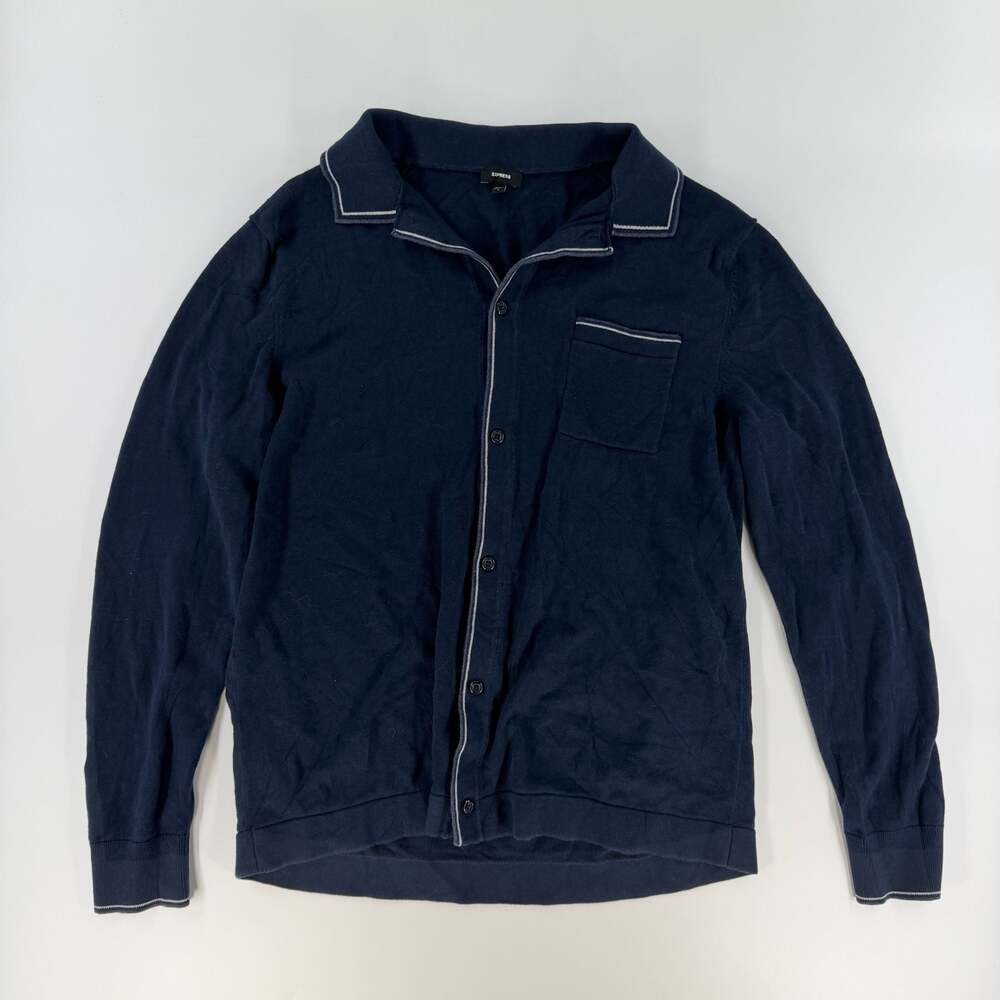 0804 Large Express Navy Cotton-Blend Long Sleeve Sweater Polo